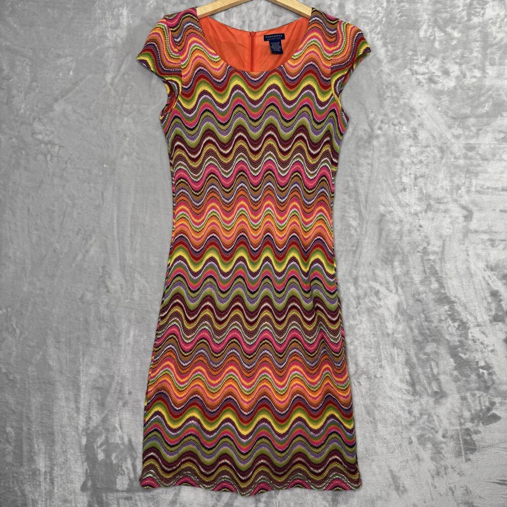 Doncaster Collection Dress Womens 6 Multicolor Zigzag Knit Cap Sleeve Mod Retro